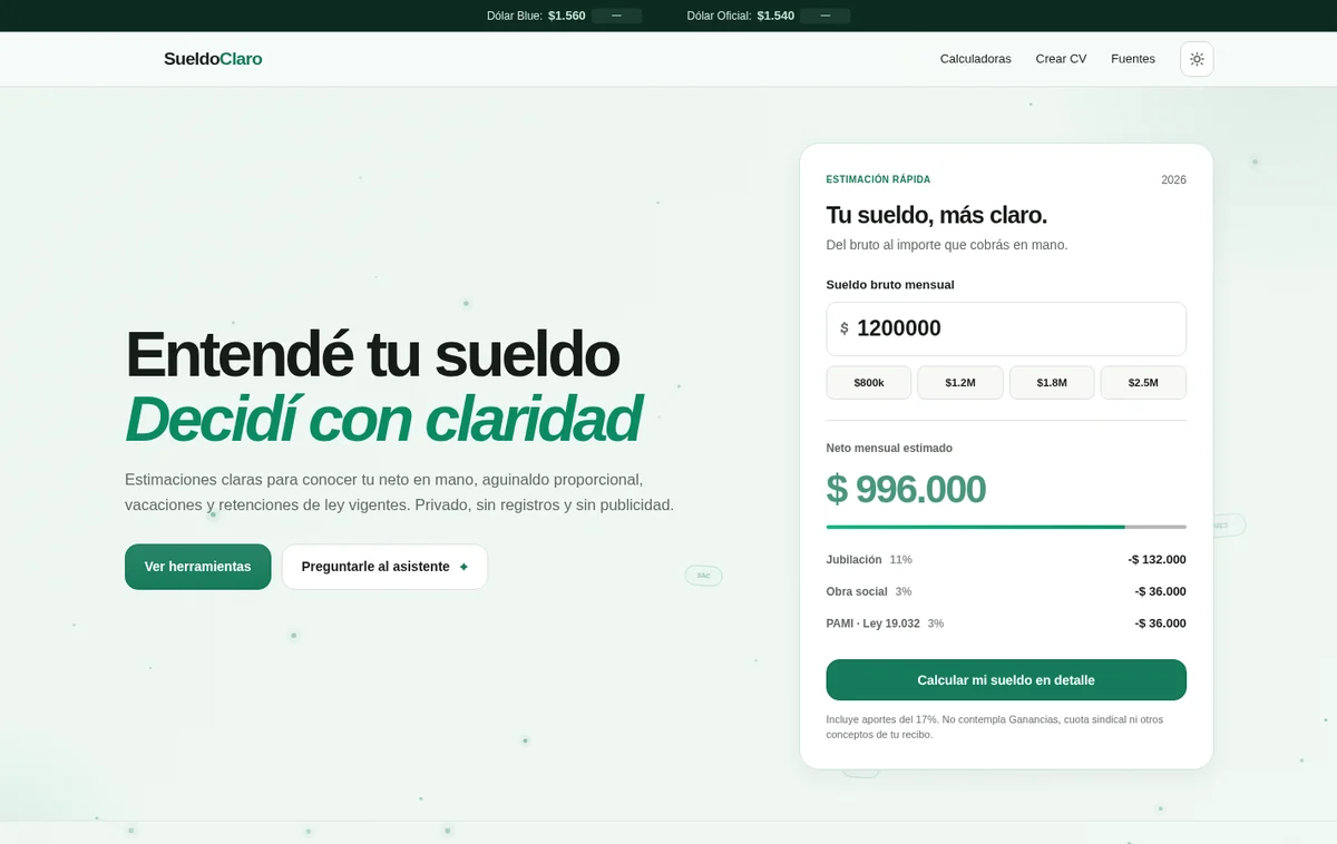 Página de inicio de Sueldo Claro